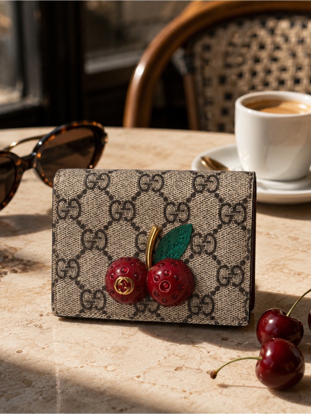 Gucci GG Supreme Crystal Cherry compact wallet, style 476050 - Picture 3 of 13